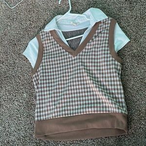 Brown sweater vest + white T-shirt